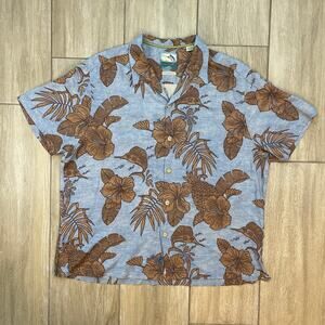 Tommy Bahama Silk Hawaiian Shirt Men XL Blue Brown Floral Camp Camp Aloha